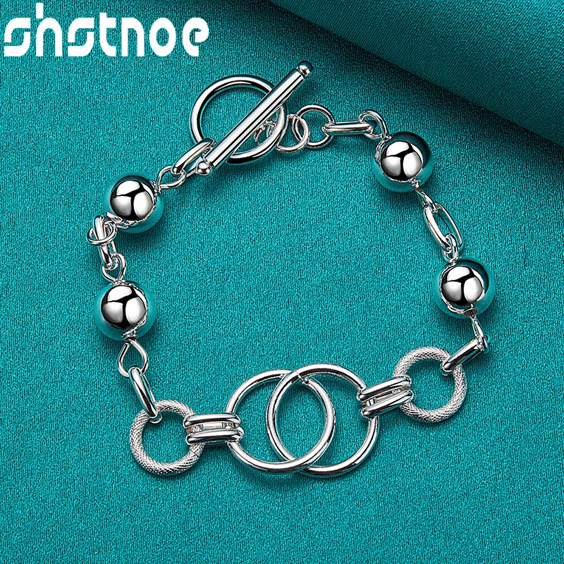 

SHSTONE 925 Sterling Silver 20cm Multi-Circle Chain Smooth Bead Ball Charm Bracelets For Women Wedding Birthday Party Jewelry