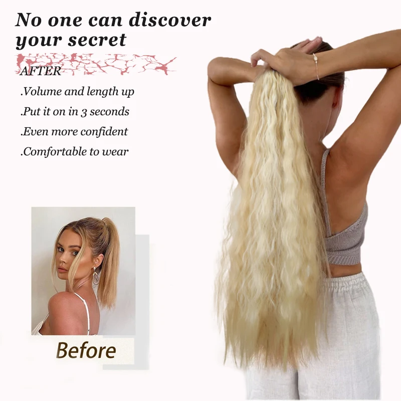 24 inch Long Synthetic Curly Wavy Ponytail wig, Looks Curly and Extended, Gold/Brown/Black/, Maintenance Free (DIY hairstyle)