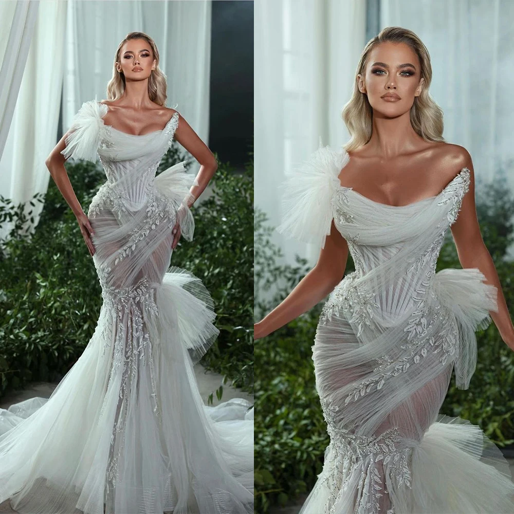 

Sexy Illusion Mermaid Bridal Gowns Scoop Pleats Wedding Dress Custom Made Appliques Sleeveless Vestido de novia
