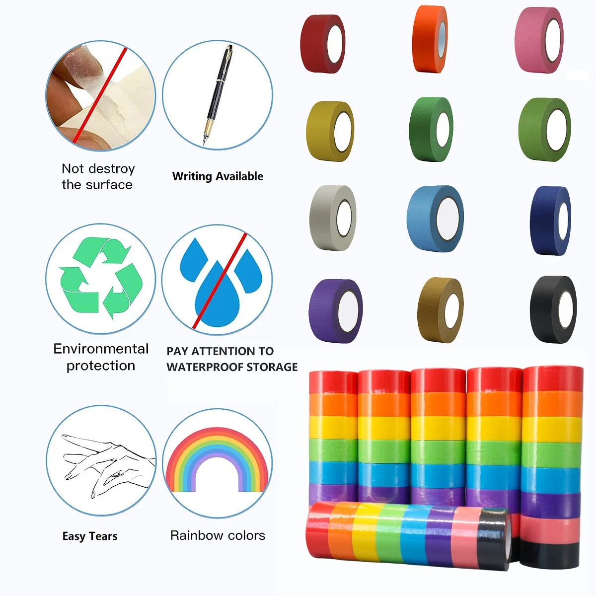 Vibrant Rainbow Masking Tape Set - Easy Tear & Removable Writable Tape