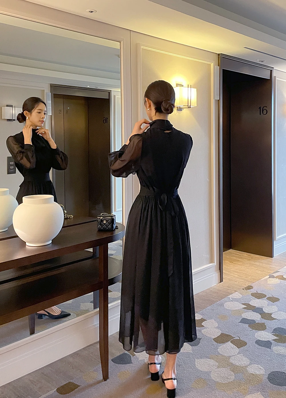 Elegant Midi Dresses for Women Long Sleeves Half High Collar Lace-up A-line Korean Fashion Autumn New One Piece Vestido Mujer