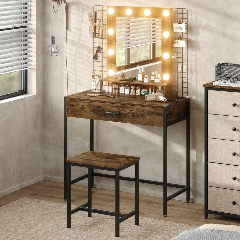 

Makeup Vanity Desk Set with LED Lights and Mirror, Table with Drawer & Charging Station, Dressing Table with Stool for Bedroom