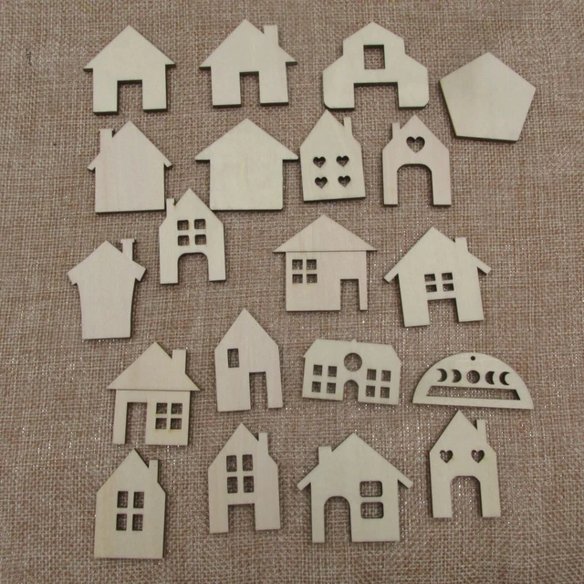 10pcs Wooden House Shaped Cutouts Embellishments Unfinished Wood Houses  Shape Ornaments For Christmas Crafts Decor