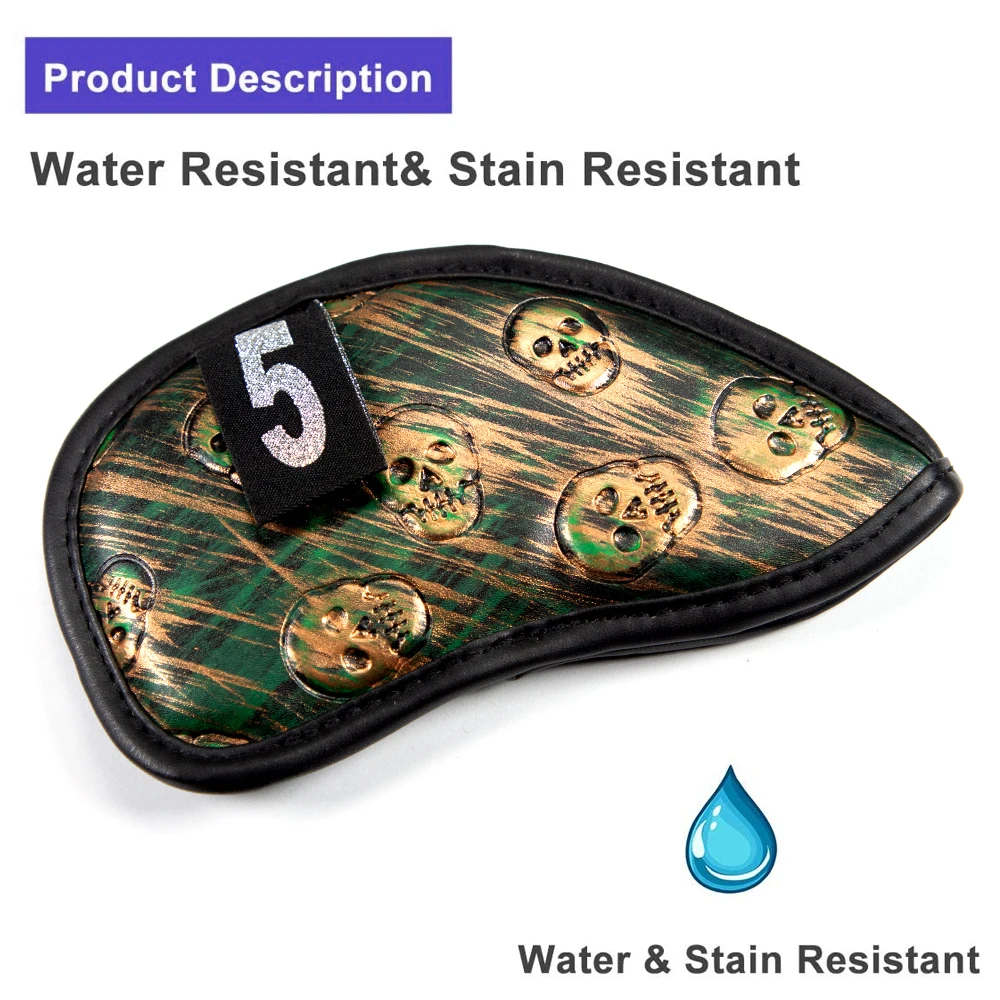 Description Picture 6 of item12x Skull Golf Iron Headcover Anti-Scratch Irons Guard Golf Club Head Coversiron Protectors Skull Embroidery PU Waterproof
