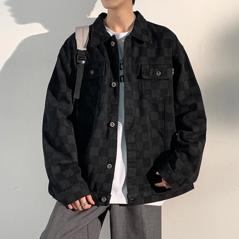 Chessboard Plaid Jeans Jacket Men Autumn Black Denim Jacket Men Overalls Bomber Streetwear Man Clothing Oversized Outwear Coats cool denim overalls women s large size 2020 autumn casual loose vintage wide leg jumpsuit calf length pants mom jeans high waist