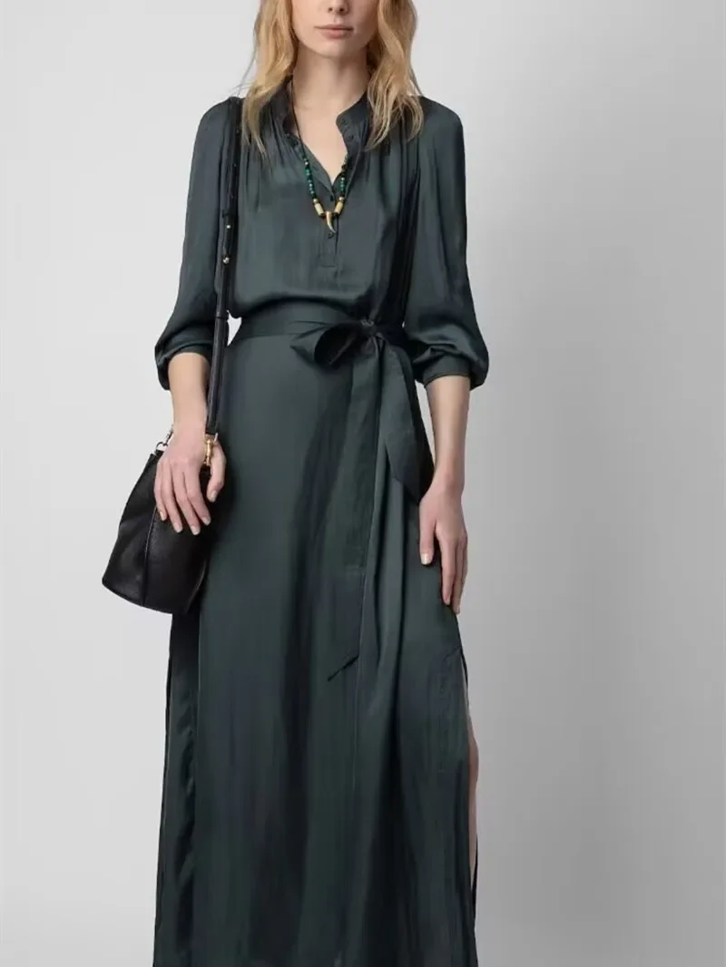 

Women's Slit Mid-calf Dress 2024 New Spring Stand Collar Buttons Lace-up Casual Long Sleeve Robes