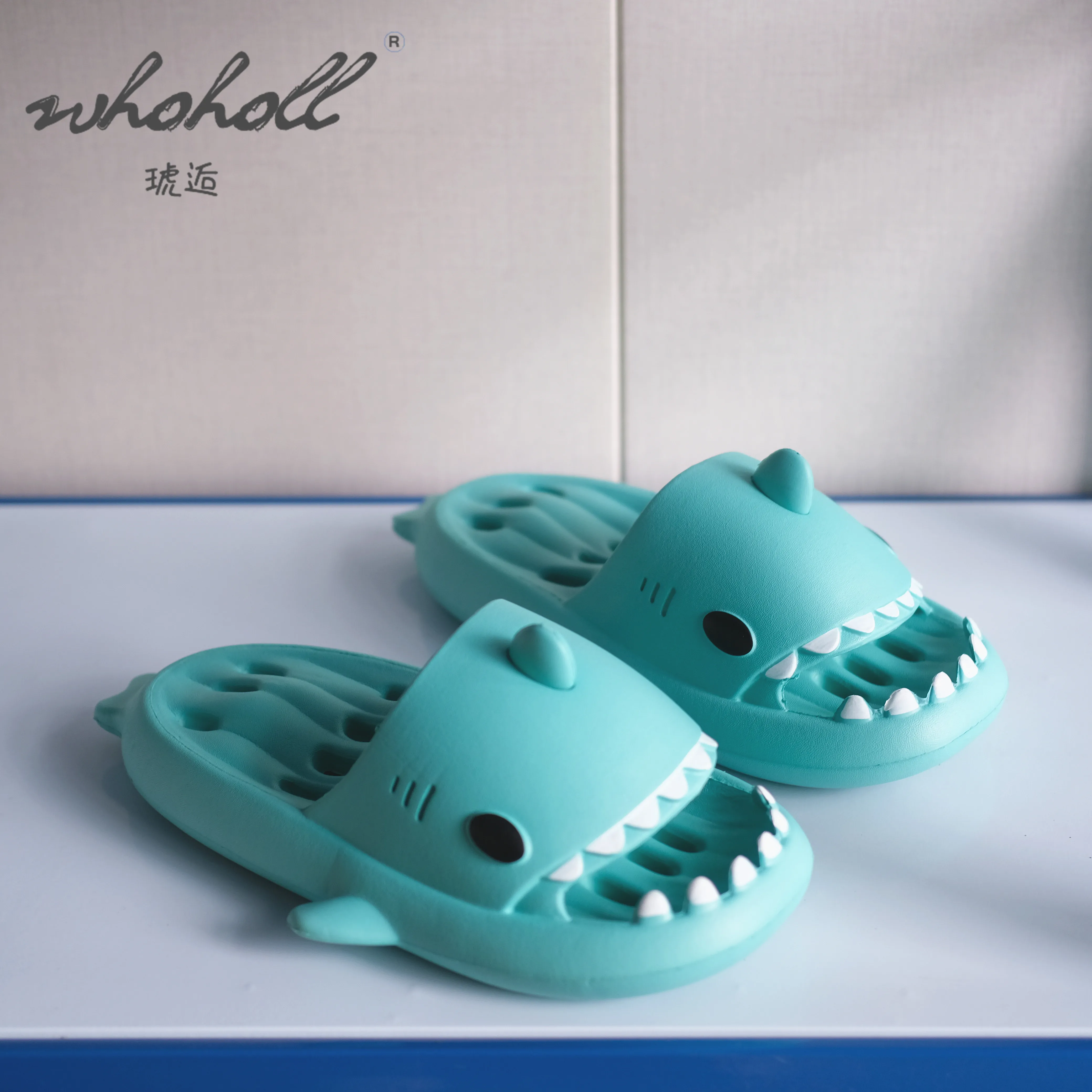 

Plus size 46 47 Cartoon Shark Slippers Women Hollow Out thick sole Adult Couple Non Slip Bath Outdoor man Home Slippers