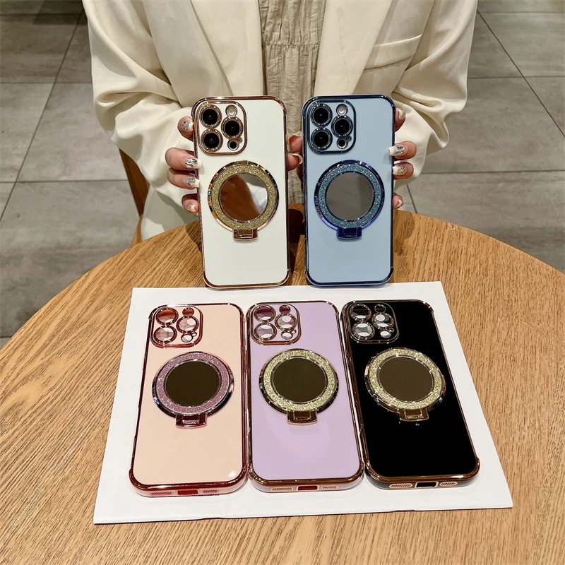 Luxury Plating Cute Flowers Glitter Phone Case with Stand and Soft Bumper Protector