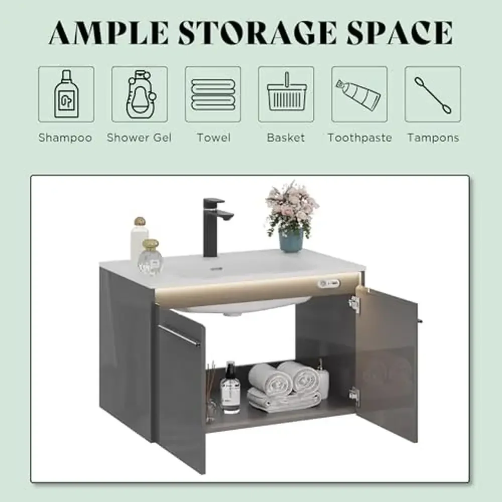 31" LED Floating Bathroom Vanity Cabinet High Gloss Single Sink Wall Mounted Modern Storage Unit Elegant Acrylic Sink Automatic