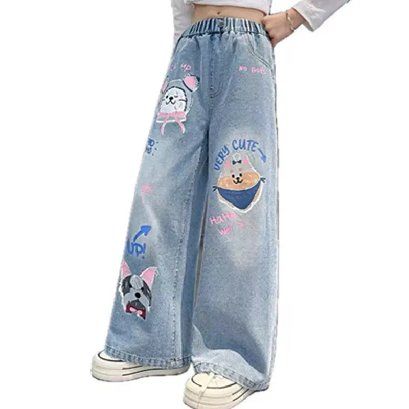 

New Teenage Girls Cartoon Dog Jeans Spring Autumn Casual Fashion Cute Pattern Kids Wide Leg Pants School Children Trousers 4-14Y