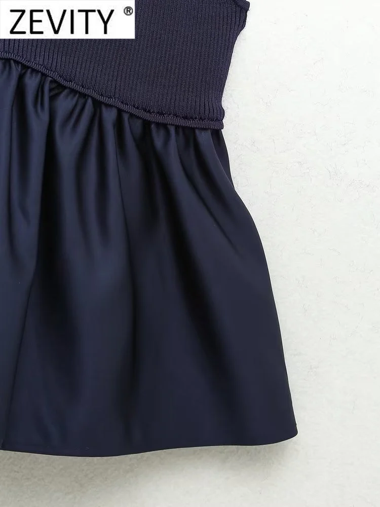 Zevity Women Sexy V Neck Knitting Patchwork Hem Pleats Sling Smock Blouse Female Shirt Blusas Chic Tops LS3689 Best Sellers In Women's Clothing