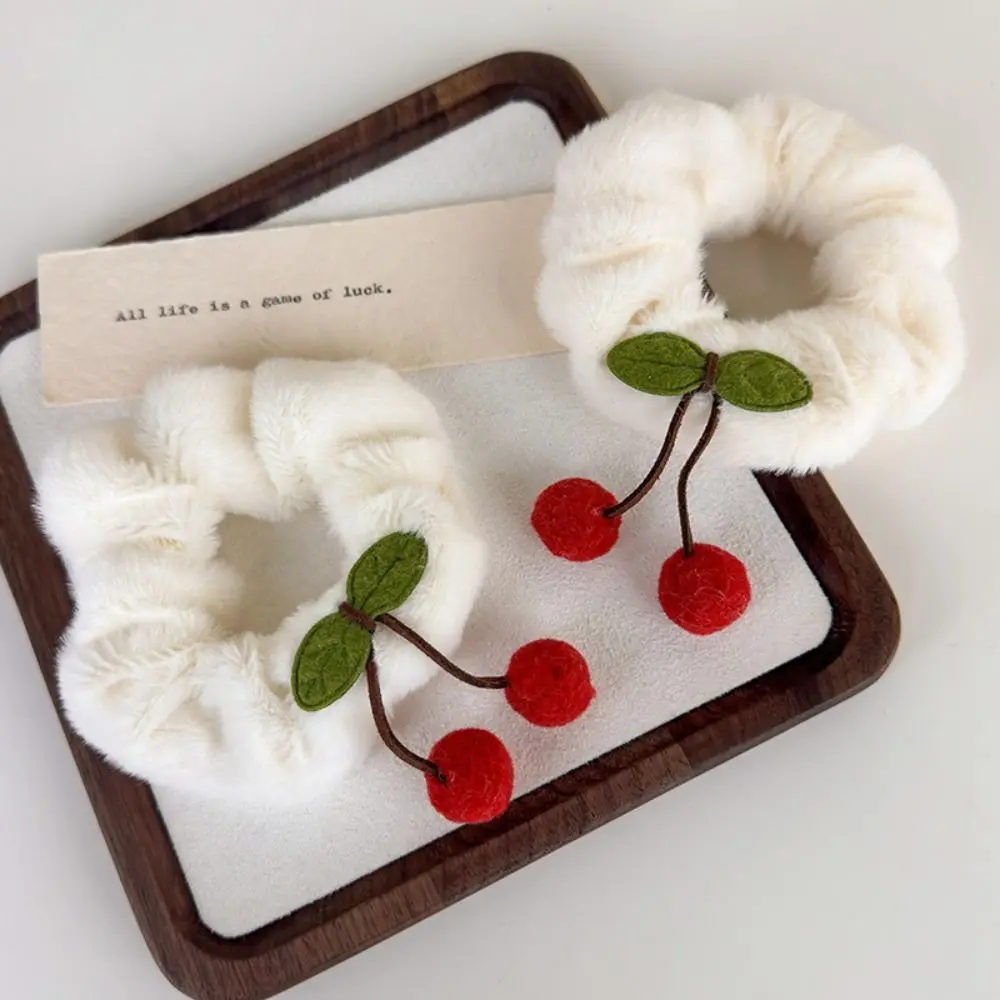 Korean Style Cherry Hair Rope Fashion High Elastic Headdress Plush Hair Tie White Rubber Band Sweet Hair Tie