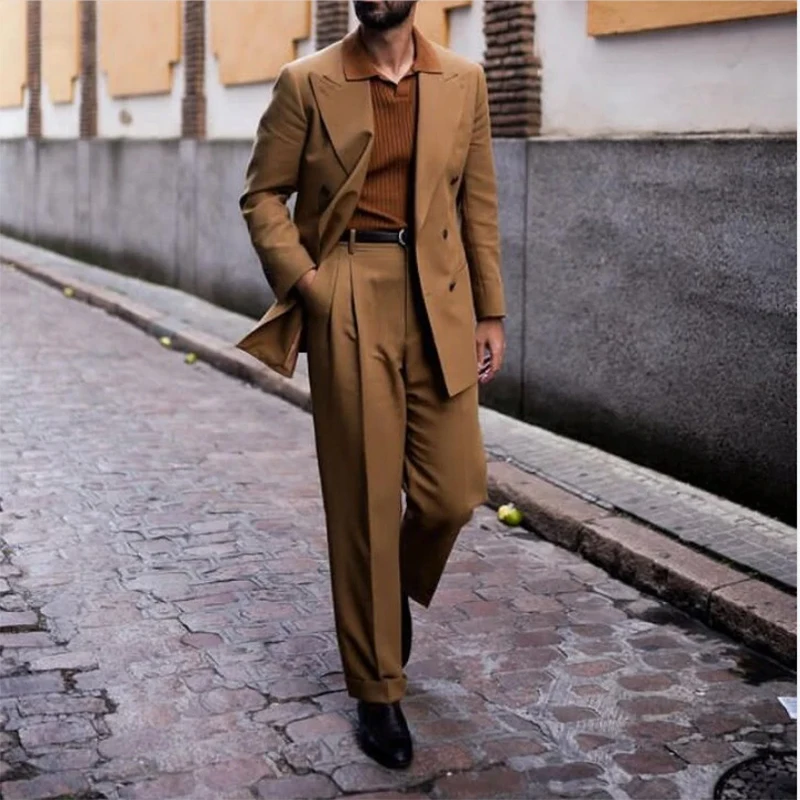 

Мужские костюмы sтевдиг из 2 предметов, коричневые Пиджаки и брюки, свободные однобортные костюмы с заостренным воротником и отложным воротником, повседневные свадебные наряды, мужская одежда