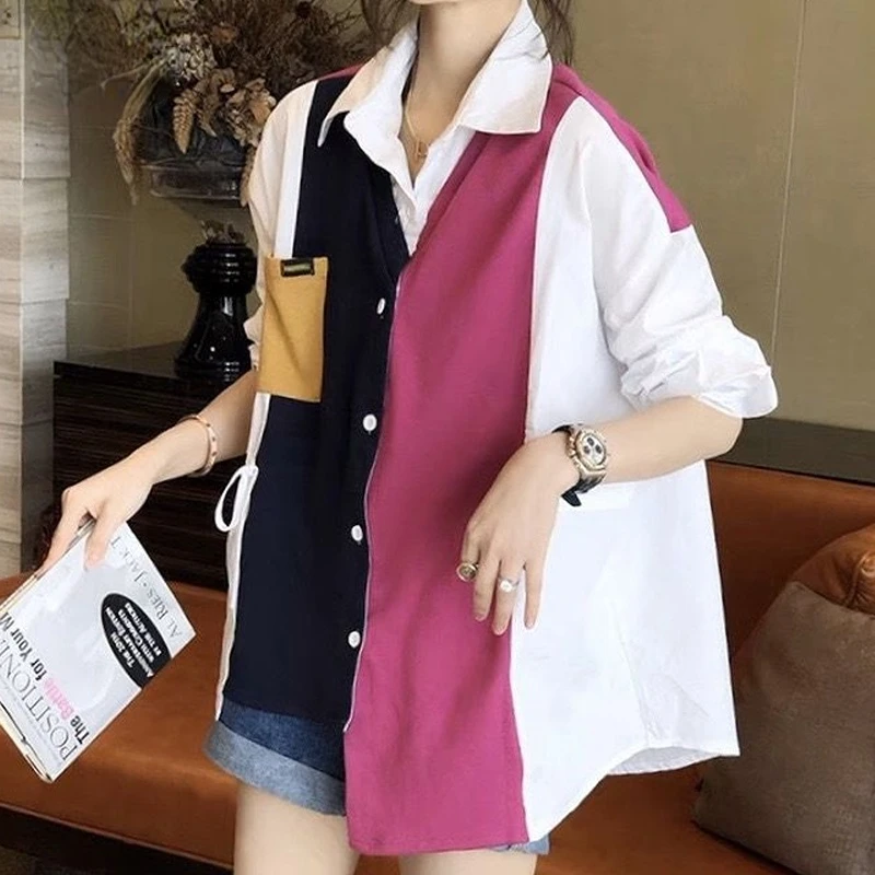 

Loose Contrasting Colors Splicing Asymmetrical T-Shirts Women's Clothing Turn-down Collar Casual Button Spring Summer Drawstring