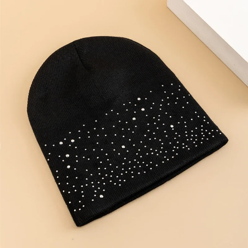 Hot Sale Women Casual Winter Fall Hat Stylish & Shiny Rhinestone Decor Women's Beanie Outdoor Streetwear Knitted Hat