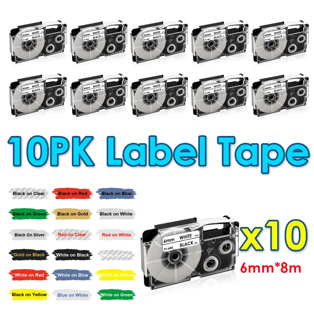 

10Pcs 6mm Labels XR-6WE Compatible for Casio XR6WE XR-6X XR-6RD XR-6BU XR-6YW Label Tape for Casio KL-60 KL-100 120 Label Maker