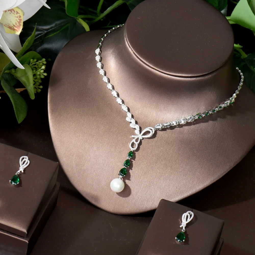 

HIBRIDE модные серьги-гвоздики с длинной кисточкой и бантом и ожерелье с фианитом ААА для женщин, вечерние аксессуары Bijoux N-83