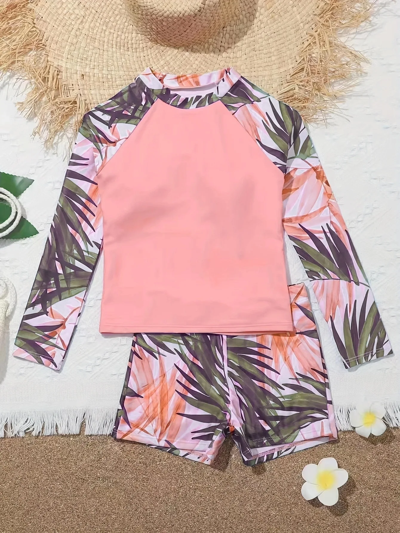 Girls Swimwear Girls One Piece Swimsuit Girl Swimsuit New Pink Print Long Sleeve Children Swimwear Summer Kids Beach Wear Shorts Swimming Bathing Suit For Girls