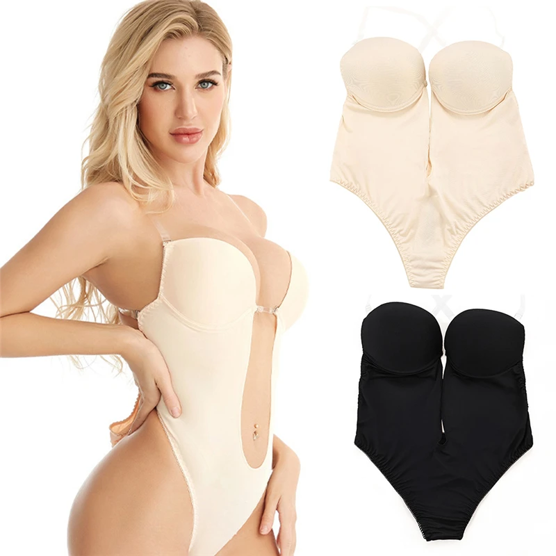 

Bodysuit Shapewear Deep V Full Body Shaper Backless U Plunge Thong Waist Trainer Clear Strap Women Dress Padded Push Up Corset