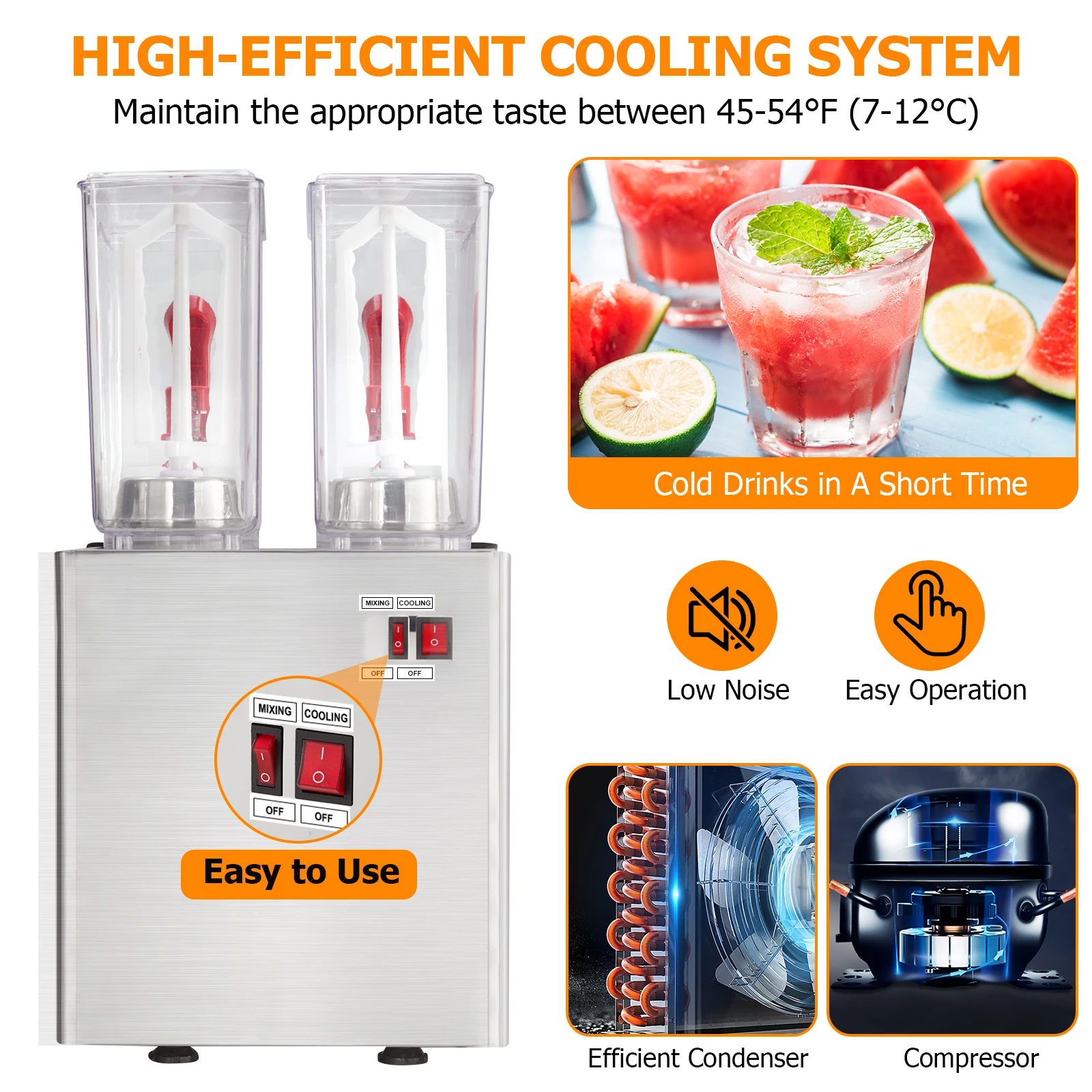 Commercial Beverage Dispenser, 2 Tanks 5.28 Gallon 20L Commercial Juice Dispenser, 10 Liter Per Tank, 280W Ice Drink Dispenser 3