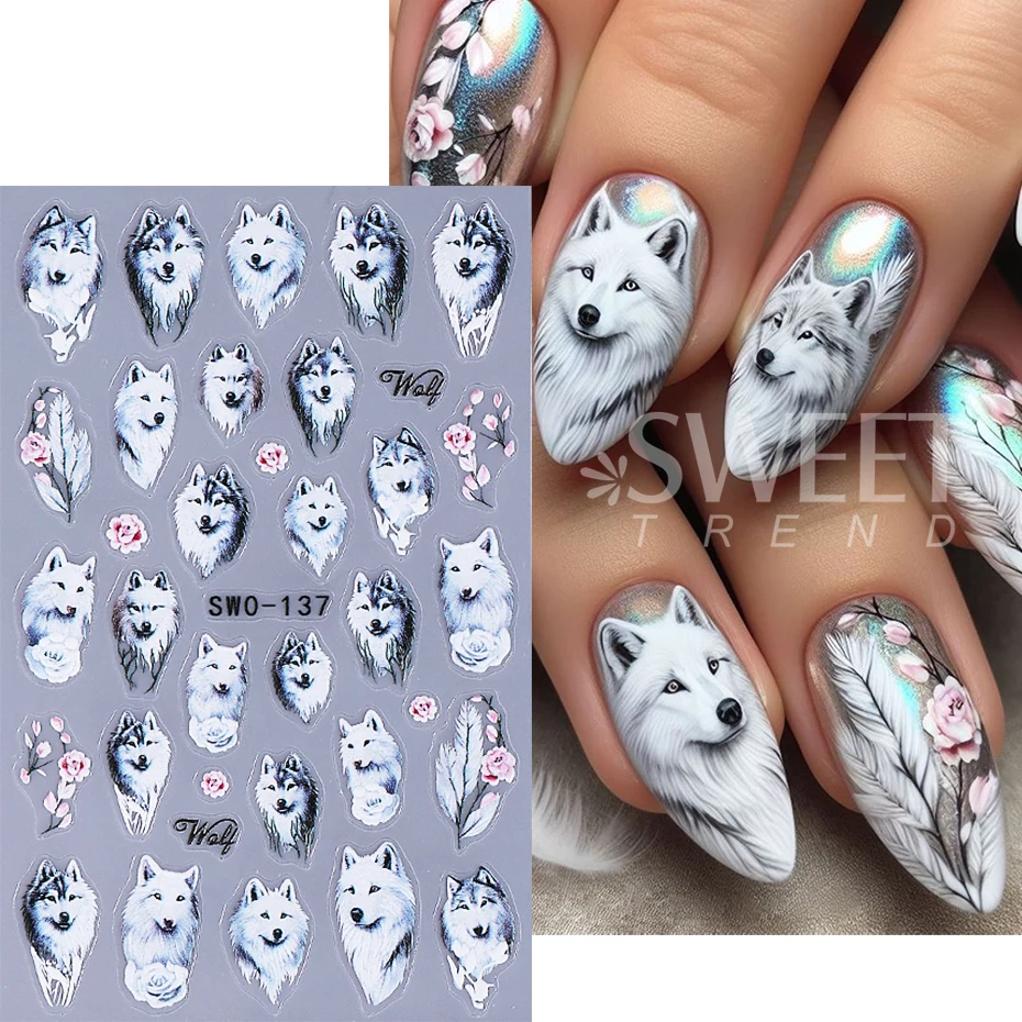 2pcs Cartoon Nail Stickers Winter Wolf Penguin Snowflake Rose Design Self Adhesive Sliders Nail Art Decals Manicure Decoration