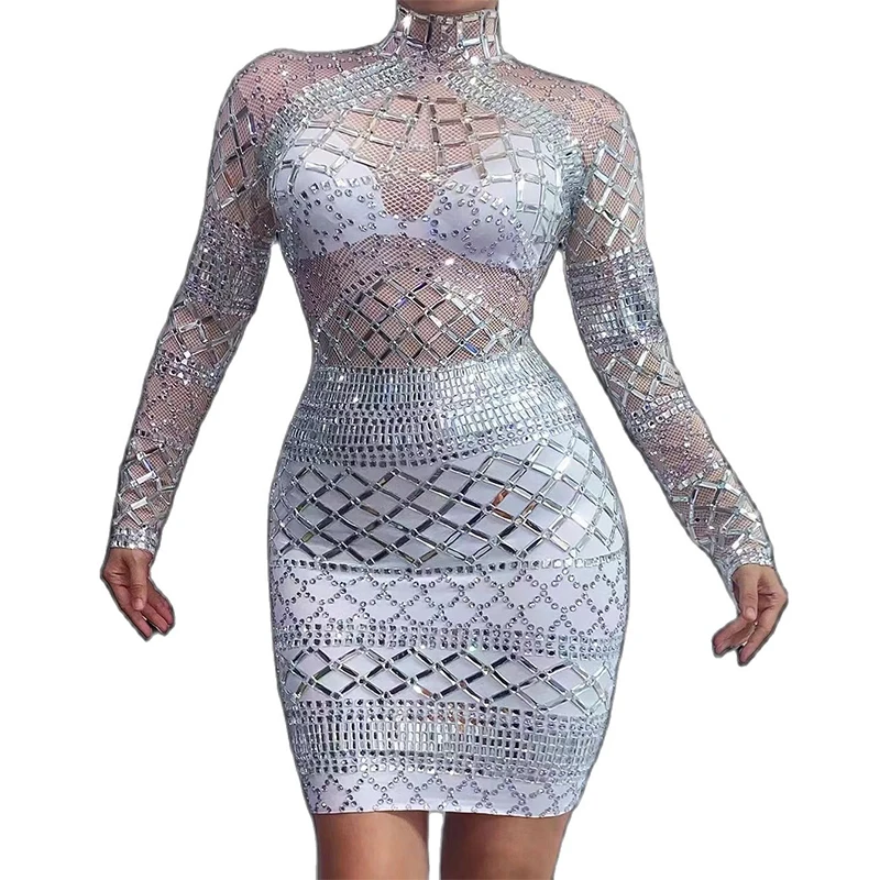 

Sexy Silver Rhinestone Spandex Dress Evening Party Birthday Prom Celebration Transparent Tight Dress Singer Host Stage Costume