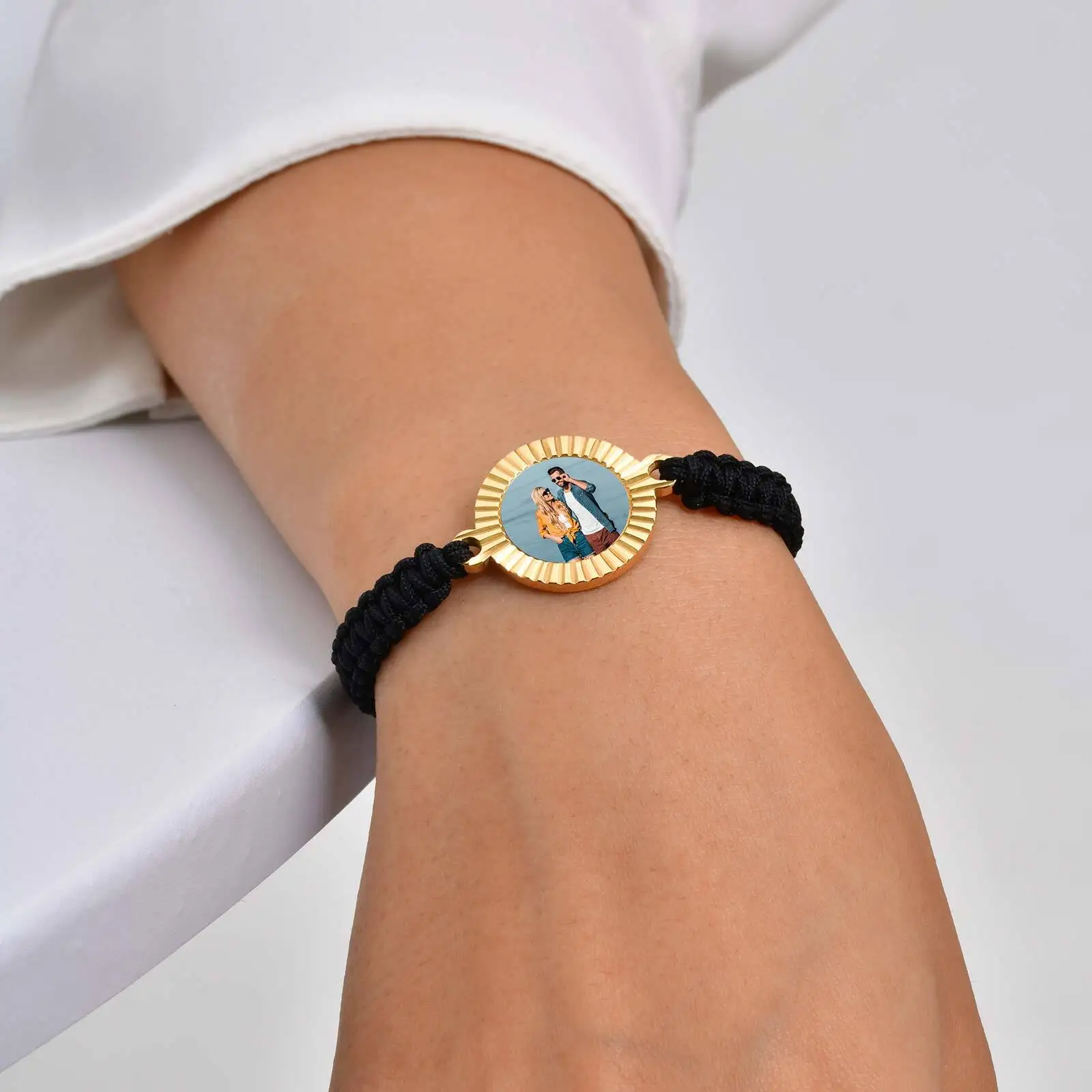 Custom Picture Black Woven Bracelet for Men,Stainless Steel Batch Flower Corrosion Round Wristband,Anniversary's Day Father Gift