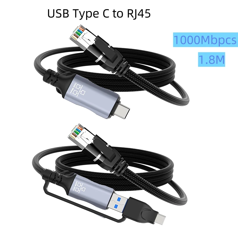 Adaptateur Ethernet USB type-c vers RJ45 de 1.8M, câble tressé en Nylon, connexion directe Gigabit, Compatible avec les ordinateurs portables Macbook Pro