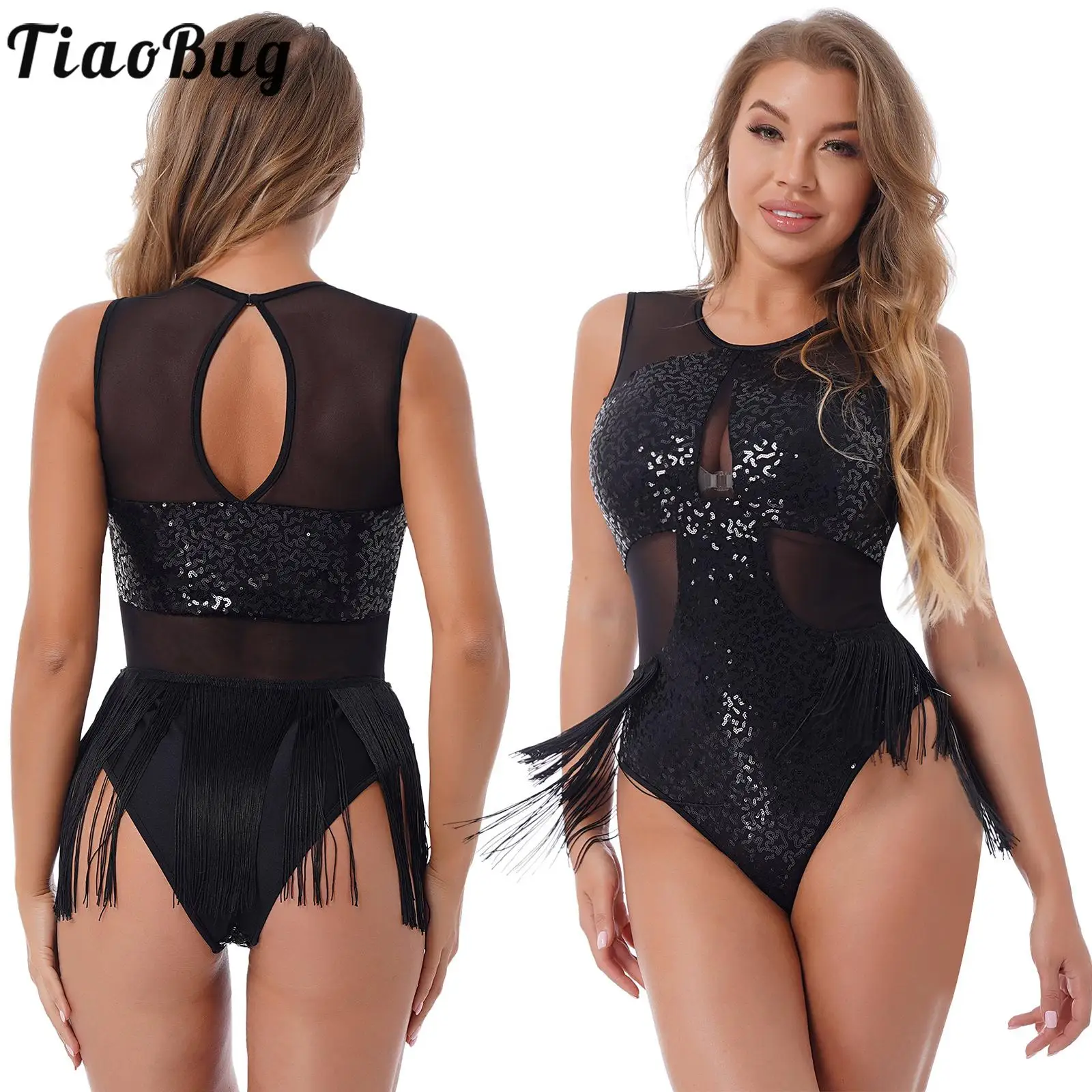 

Womens Sparkling Sequins Black Sleeveless Latin Dance Leotards with Tassel Sheer Mesh Patchwork Fringed 1Pcs Bodysuit Dancewears