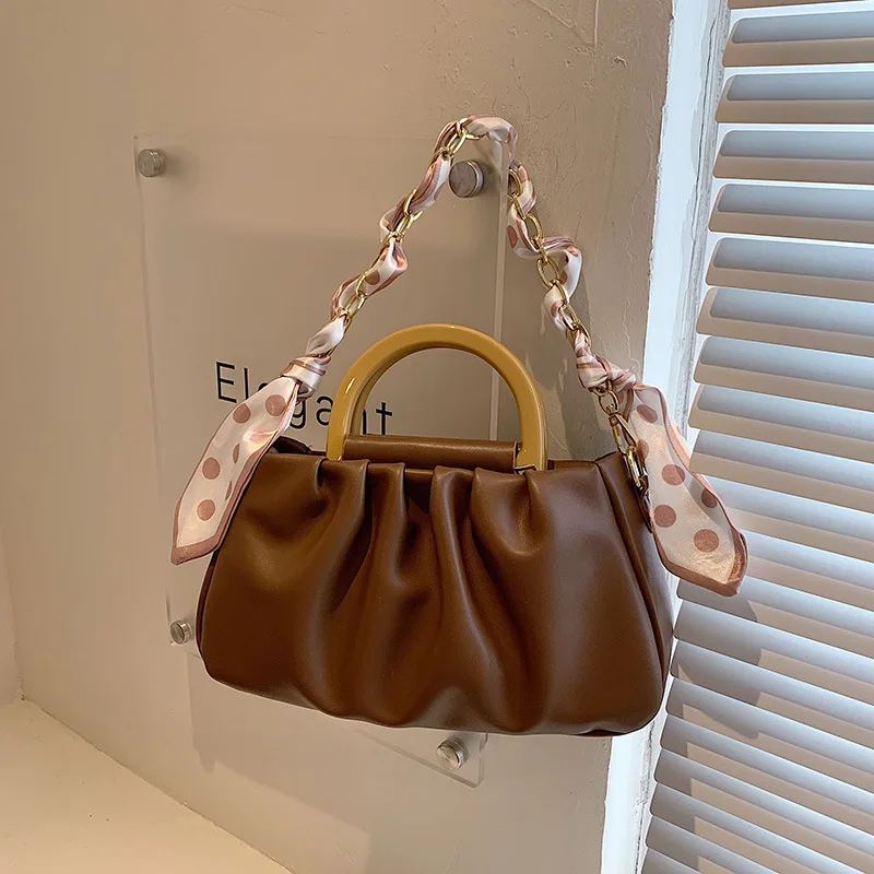 

Spring New Fashion Fold Cloud Temperament Women's Bag High Quality Silk Scarf Chain Handbag Single Shoulder Crossbody Bag Women