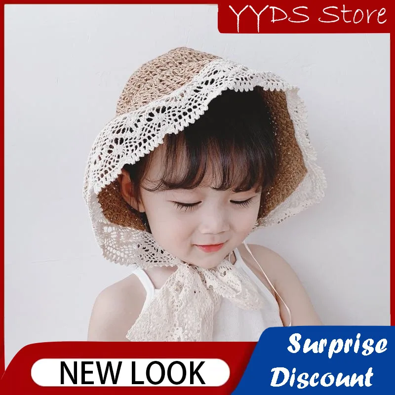 Children's Straw Hat Dome Woven Straw Hat Big Brim Beach Hat Sun Protection Lace Lace Sun Hat Foldable Fisherman Hat kids girls large wide brim straw woven sun protection beach hat colorful pompom ball summer floppy bucket cap baby accessories