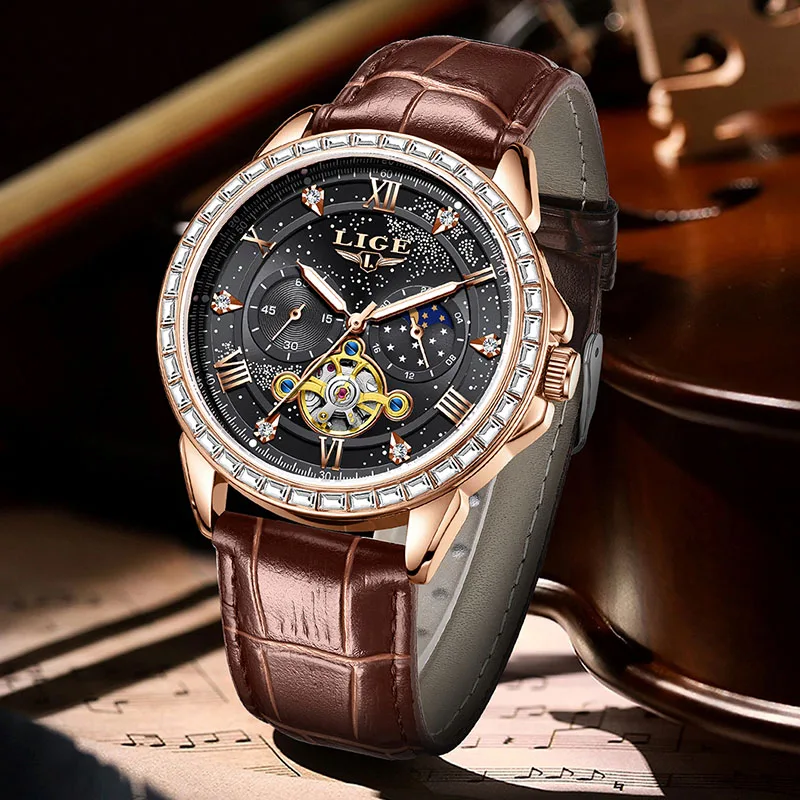 LIGE Automatic Watch For Men Fashion Brown Leather 24 hour Moon Phase Men's Mechanical Wristwatch Luminous Waterproof Watch Men