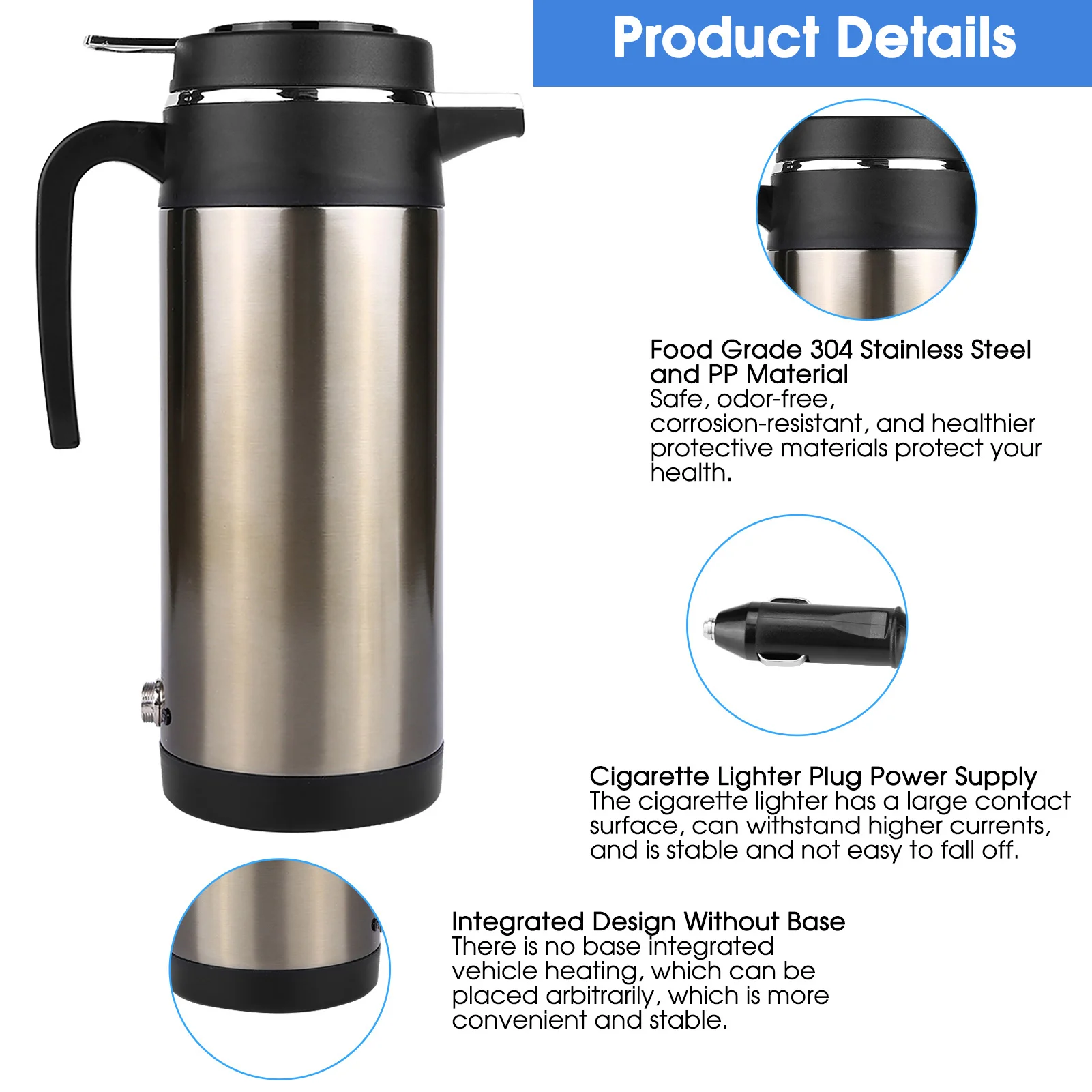 1200ML 12V/24V 스테인리스 스틸 차량용 전기 주전자 여행용 보온병 가열 물병 차량용 전기 주전자