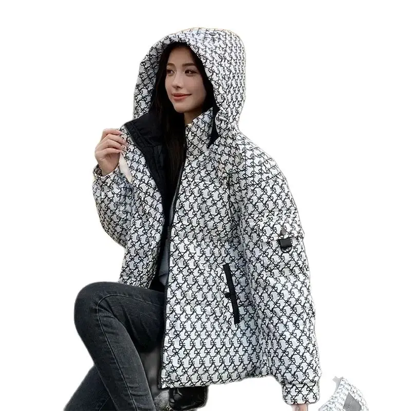 Winter Down Cotton Jacket Women's Long Over-the-knee Cotton Jacket Fluffy Fur Collar Hooded Loose Horn Button Cotton Jacket