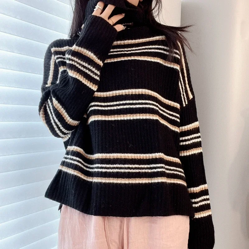 

New Early Spring Striped Pullover Pile Neck Cashmere Women Sweater