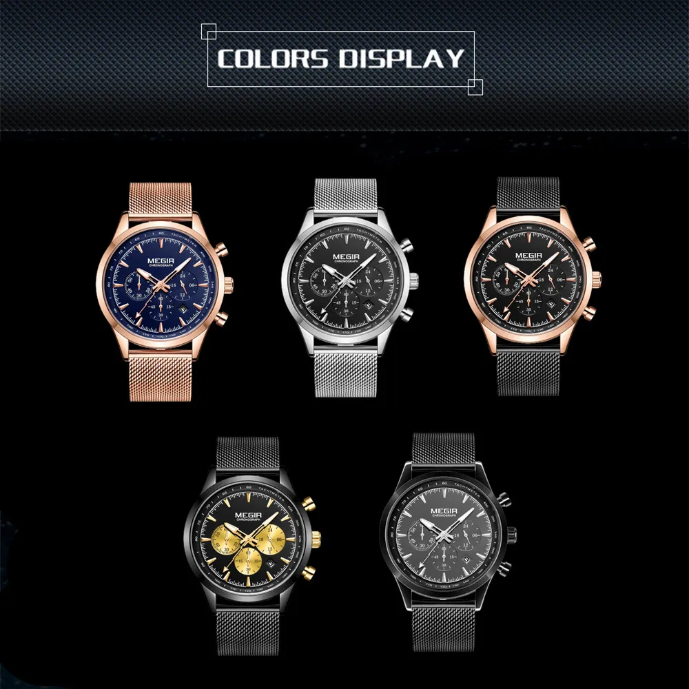 MEGIR Orologio Cronografo Sportivo da Uomo, Movimento al Quarzo, Bracciale in Rete d'Acciaio, Impermeabile, con Calendario, Orologio da Polso Casual per Gentiluomini - immagine 4