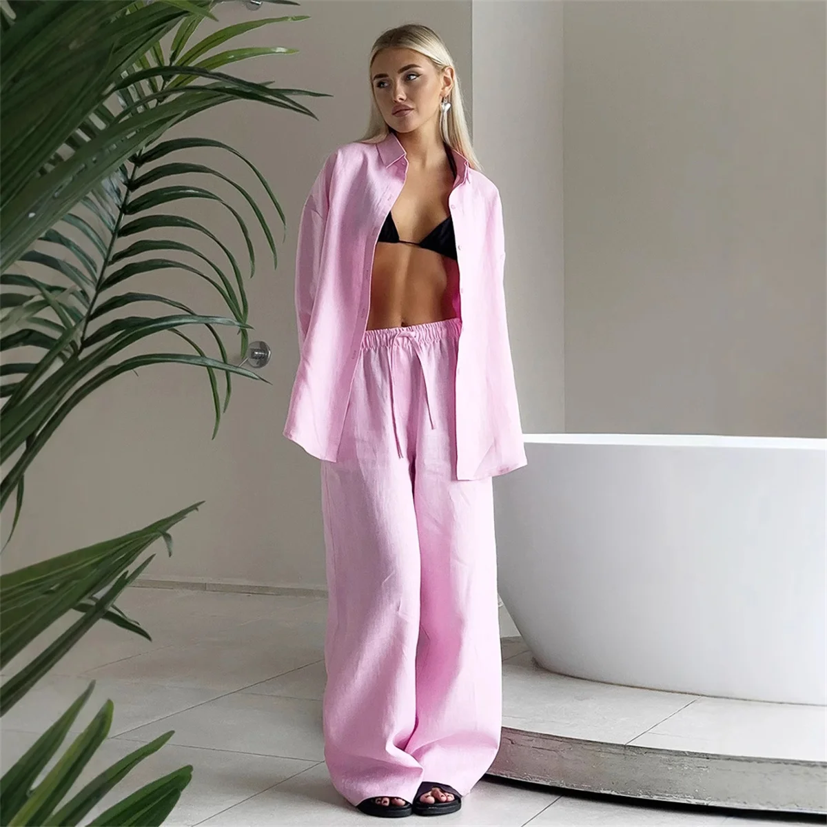 Classic Solid Shirt Pants Set Women Casual Loose Long Sleeved Lapel Elastic Waist Two Piece Suit 2025 New Summer Street Outfit