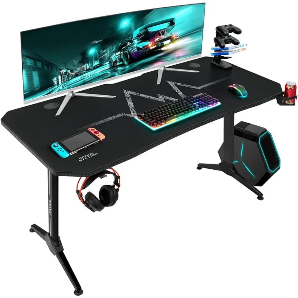 

Furmax Gaming Desk T-Shaped Carbon Fiber Surface Free Mouse Pad Home Office Desk Pro Game Handle Rack Headphone Hook Cup Holder
