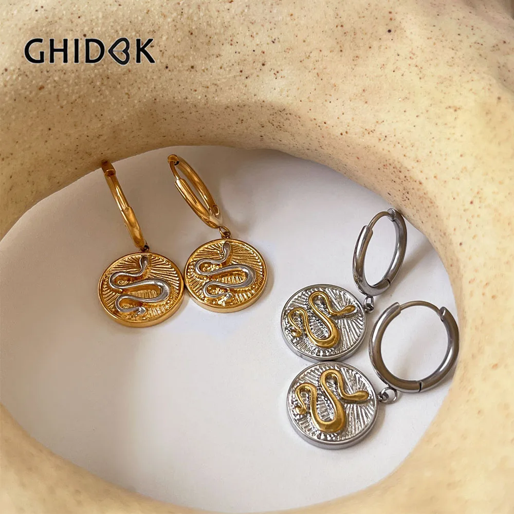 Ghidbk Mix Gold Silver Color Snake Cameo Coin Hoop Earrings for Women Stainless Steel Medallion Serpent Huggie Earrings New