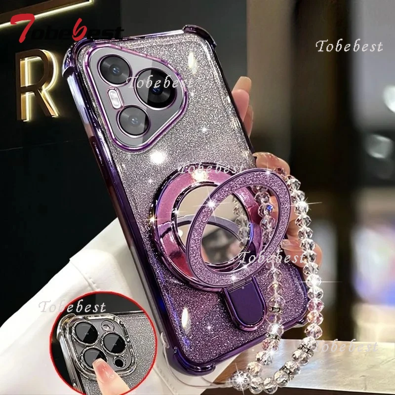 Glitter Plating Mirror Magnetic Phone Holder Bracelet Case Cover