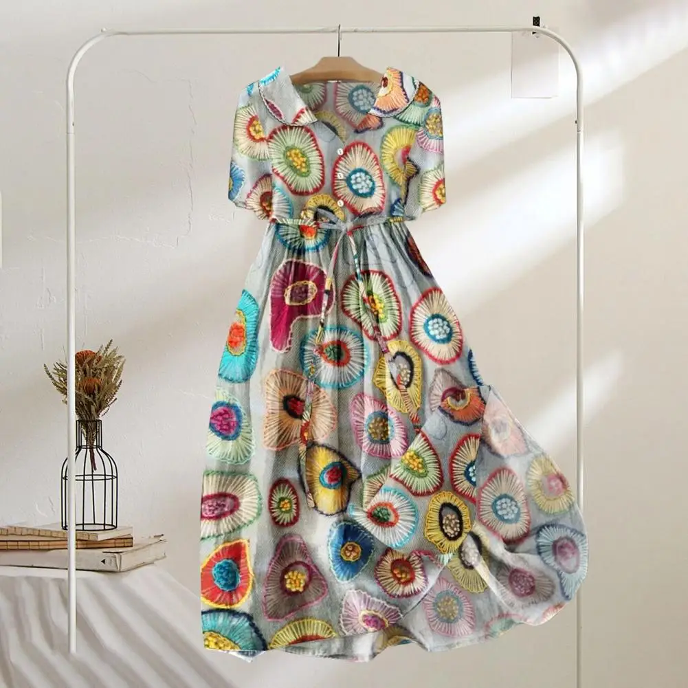 

Women Summer Dress Turn-down Collar Colorful Printing Half Sleeves Dress A-line High Belted Waist Vacation Midi Dress