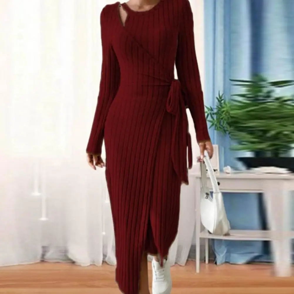 

Women Fall Winter Dress Hollow Out Wrap Lace Up Waist Round Neck Irregular Hem Long Sleeve Solid Color Knitted Elastic Striped L