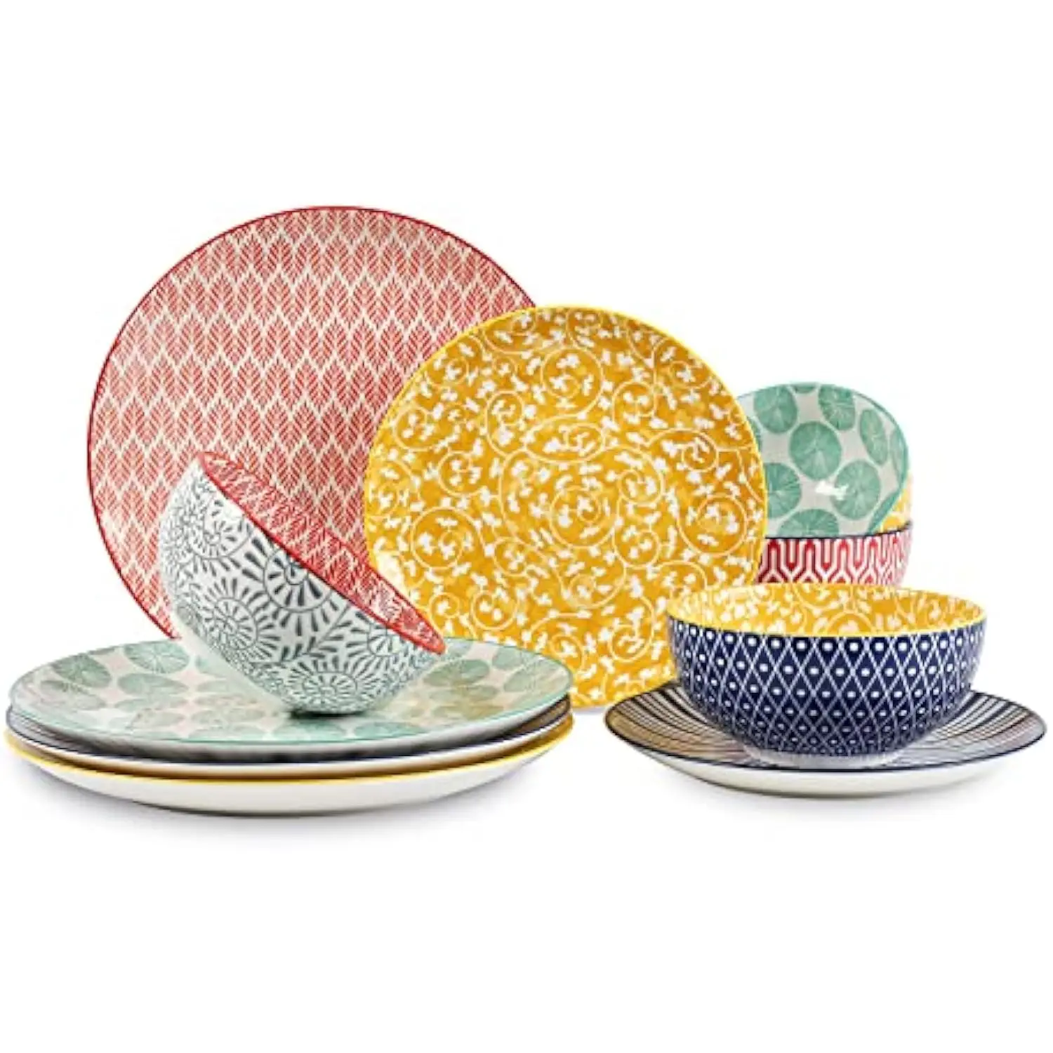 Ceramic 12-Pieces Dinnerware Sets, Ceramic Dish Plates and Bowls Sets, Service for 4, Dinner Salad Dessert Plates, and Cereal B