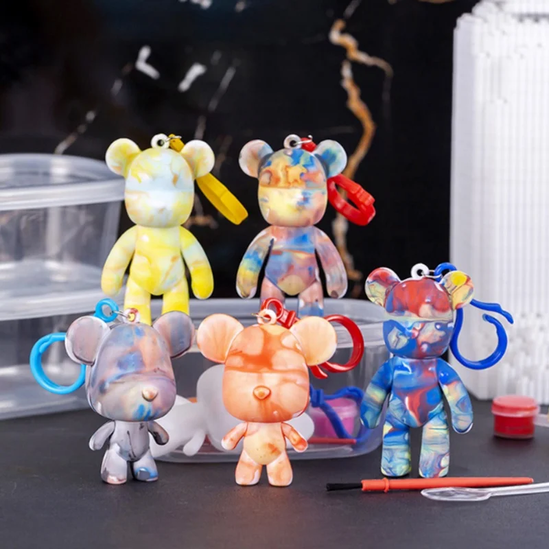 DIY Fluid Bear Brick Key Chain Handmade DIY Color bear paint Parent-child fluid painting children's toys bear key chain