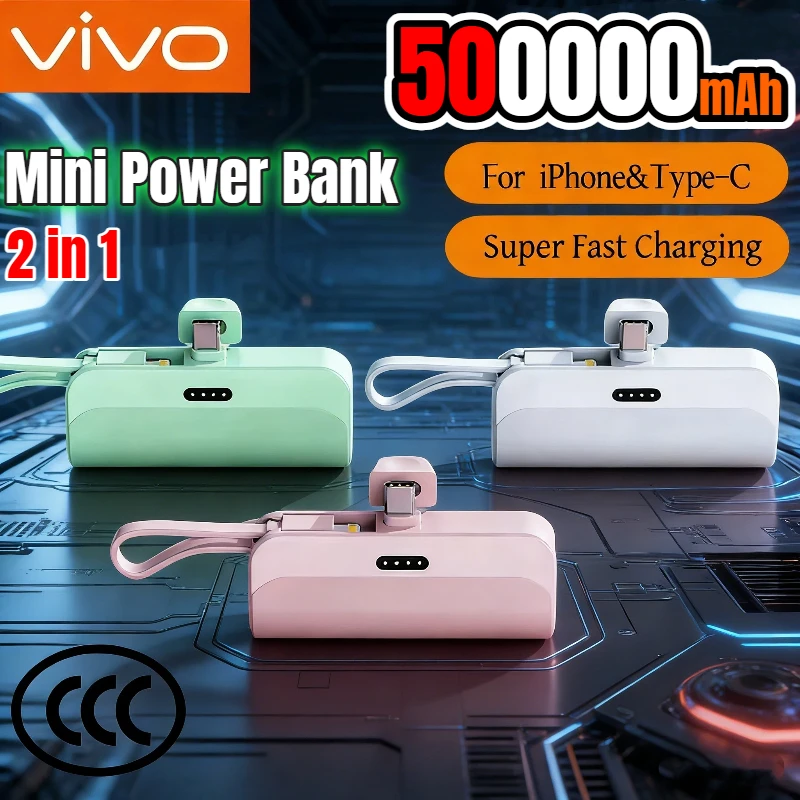 VIVO 500000mAh Mini batterie externe Portable grande capacité charge rapide Powerbank externe câbles intégrés pour iPhone Samsung