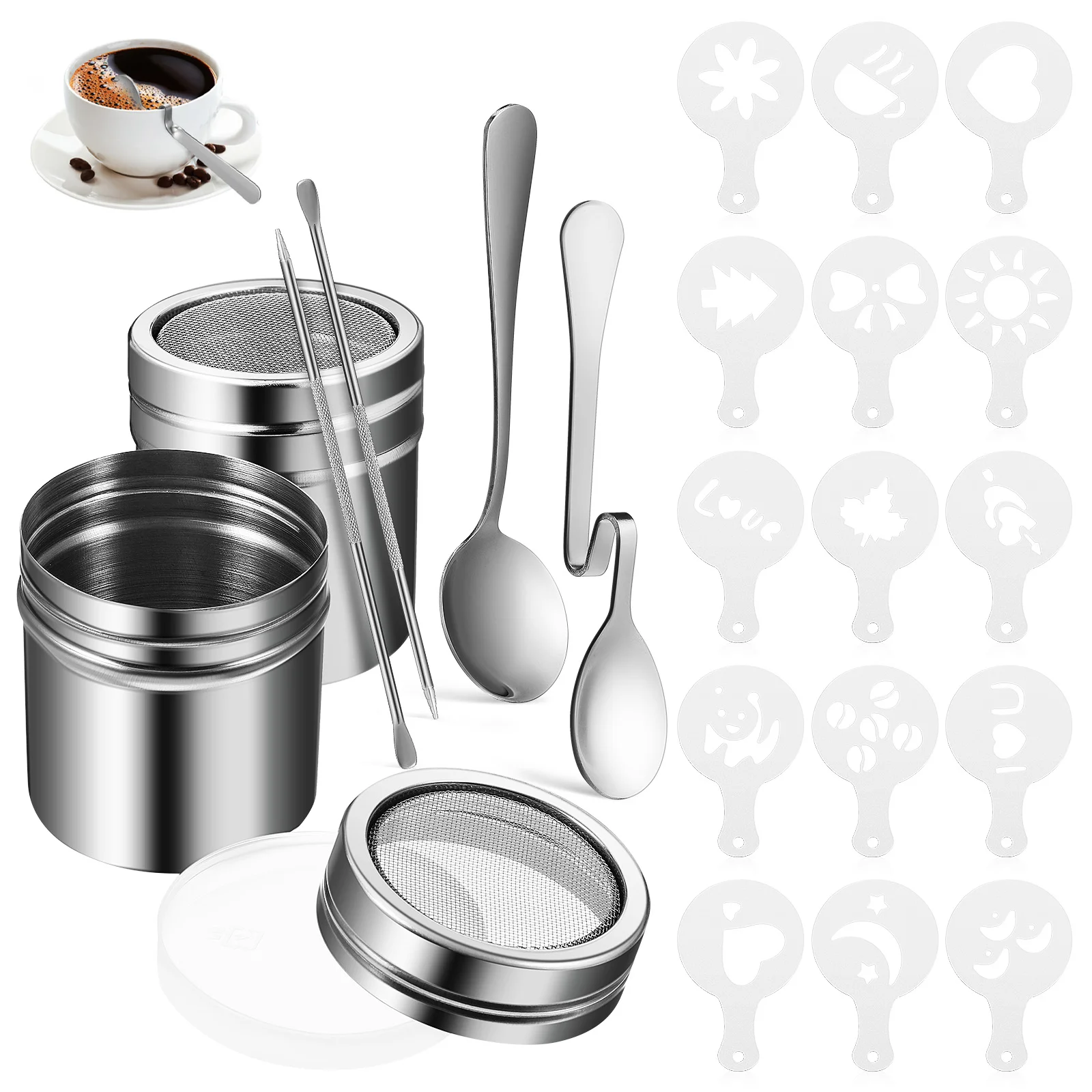 

Tools Powder Shaker Container Coffee Templates Latte Accessories Set with Lid Stainless Steel Stencils for Art Pen