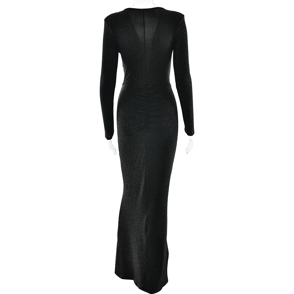 Elegant Long Sleeve Elastic Tight Party Evening Dress For Women Sexy Deep V-Fold Lace Vestido Autumn/Winter New 2025