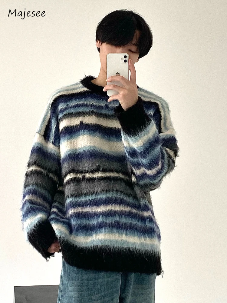 

Sweaters Men Casual Loose Fashion Daily Autumn Winter Striped Warm Tie Dye Panelled Streetwear Korean Style Teenagers Unisex