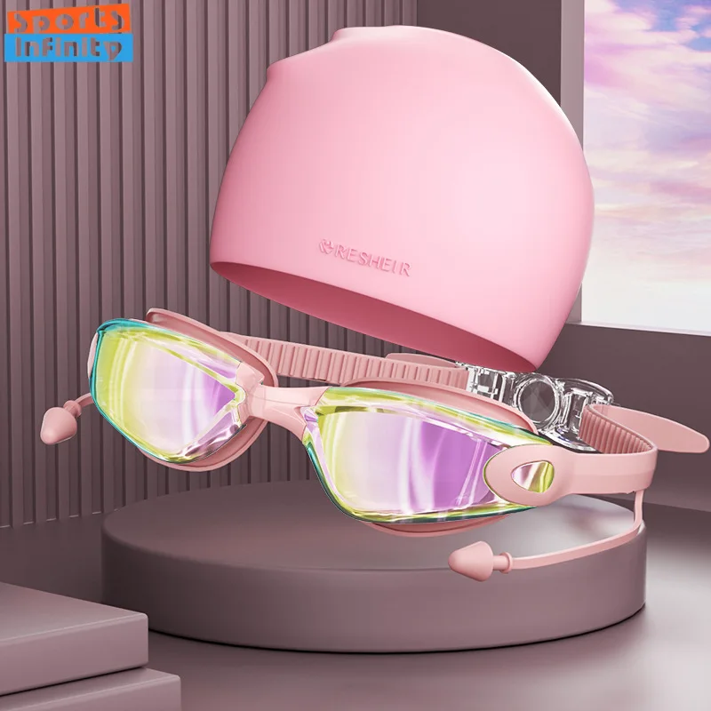 Adult High-definition Swimming Goggles Women Waterproof and Anti Fog Electroplated Swim Goggles Men Silicone Swimming Cap Unisex swimming goggles swimming cap