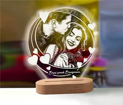 Personalized 3D Photo Lamp with Custom Text on Carved Wood Base - Unique Gift (Free Custom 06)